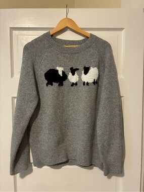bobeau Grey Crewneck Sweater with Black & White Sheep Intarsia
